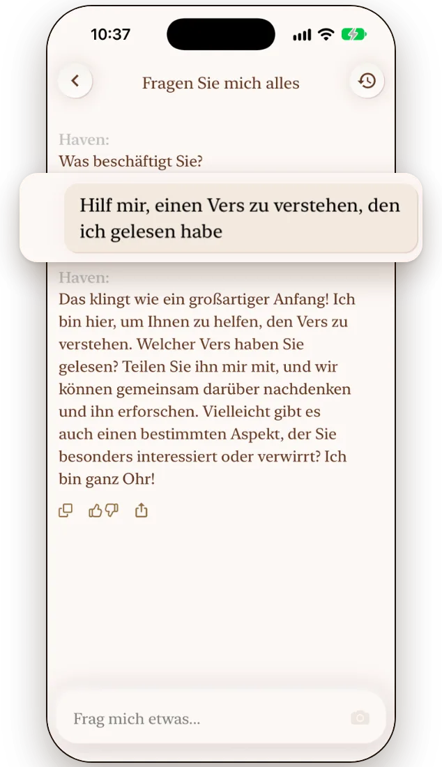 Havens KI-Bibel-Chat beantwortet eine Frage mit einem zitierten Bibelvers
