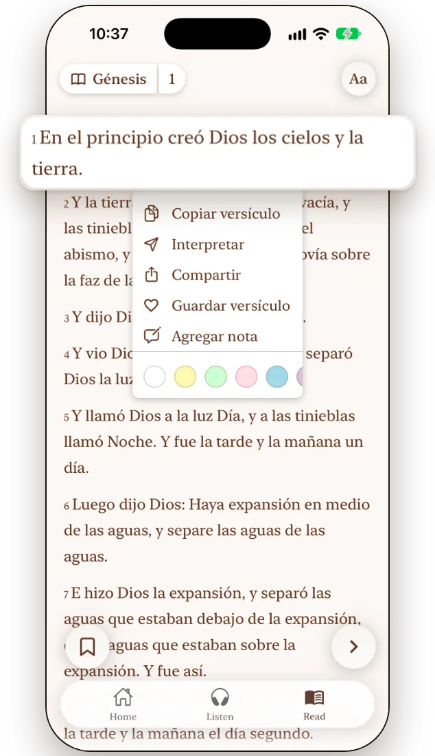 Lector bíblico de Haven con un versículo seleccionado y opciones para interpretarlo, compartirlo o guardarlo