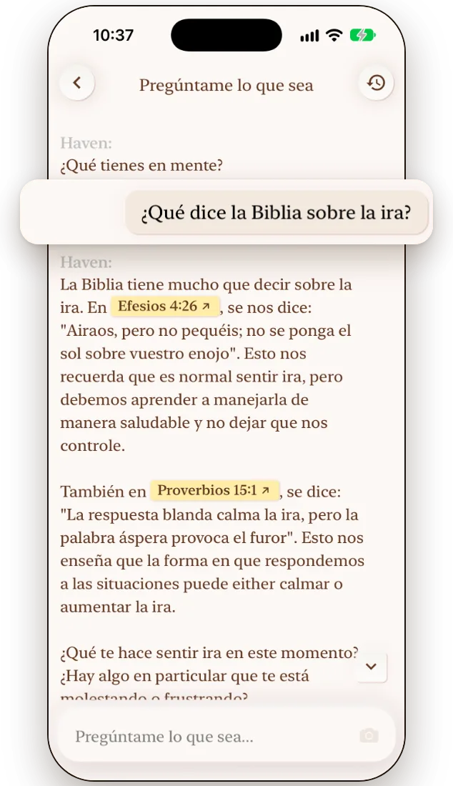 El chat bíblico con IA de Haven respondiendo una pregunta con un versículo citado