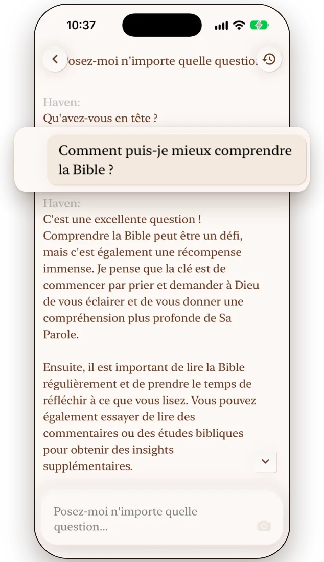 Le clavardage biblique avec IA de Haven répondant à une question avec un verset cité