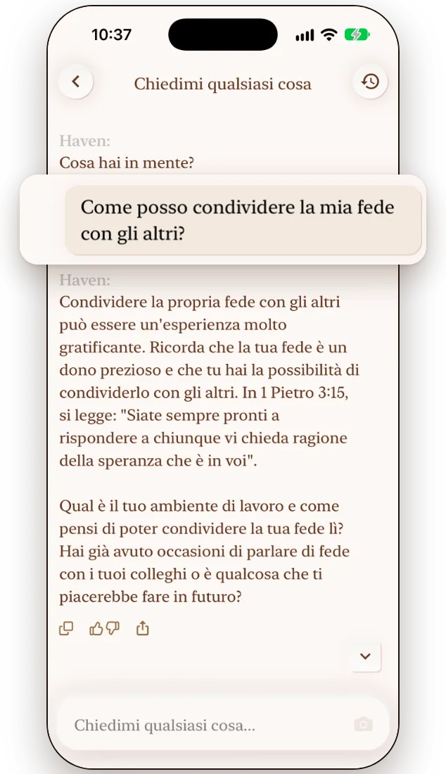La chat biblica con IA di Haven che risponde a una domanda citando un versetto