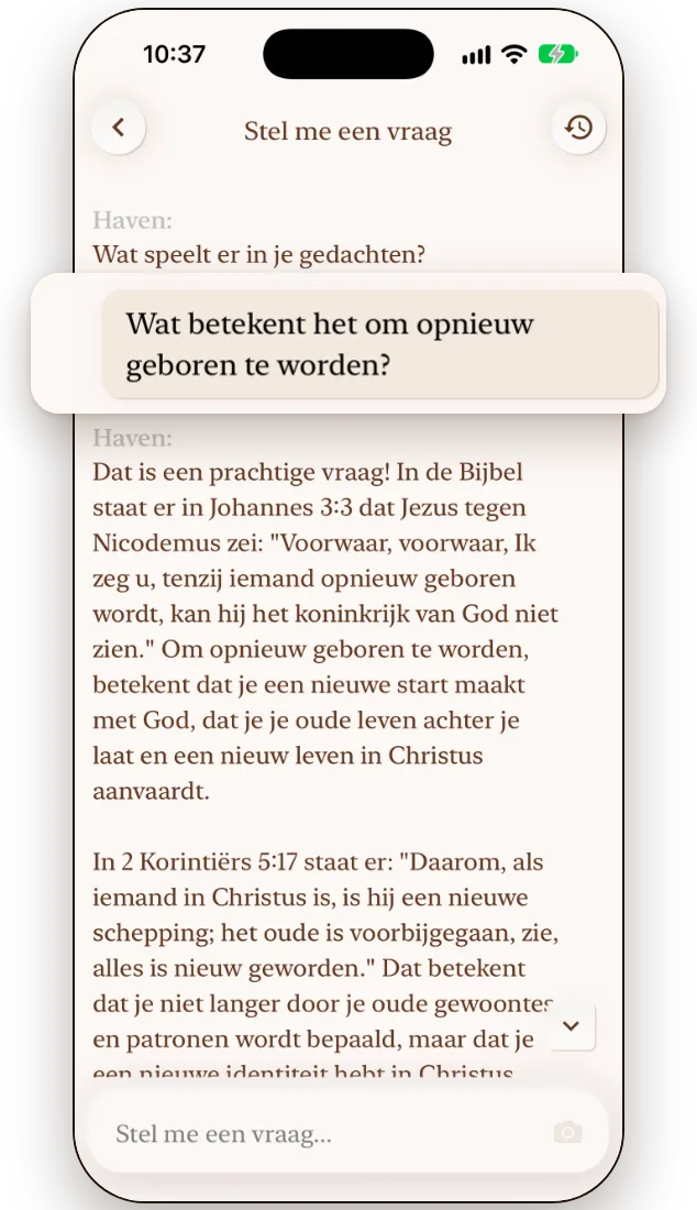 Havens AI-Bijbelchat beantwoordt een vraag met een geciteerd Bijbelvers