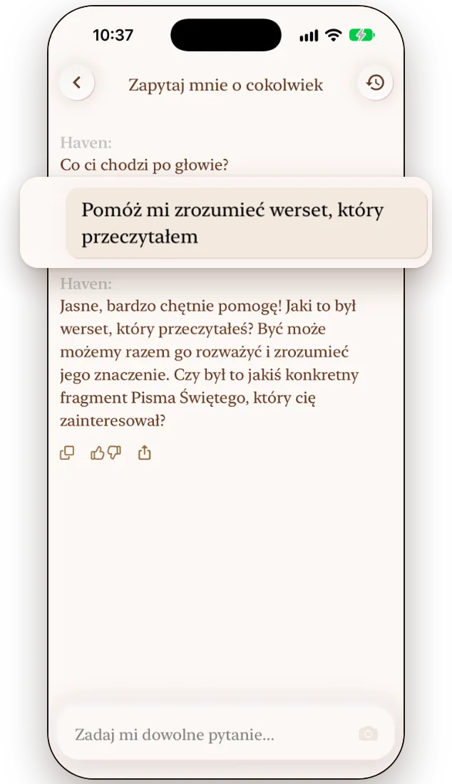 Czat biblijny z AI w Haven odpowiada na pytanie, cytując werset