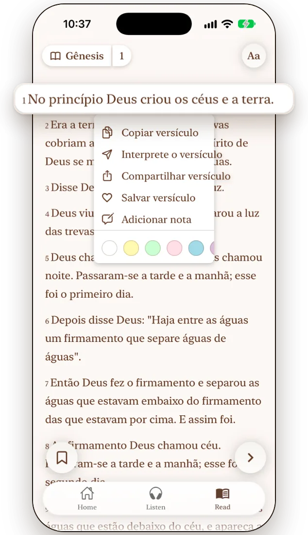 Leitor da Bíblia do Haven com um versículo selecionado e opções para interpretar, compartilhar ou salvar