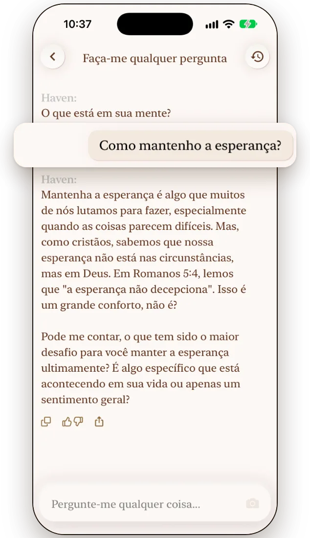 O chat bíblico com IA do Haven respondendo a uma pergunta com um versículo citado