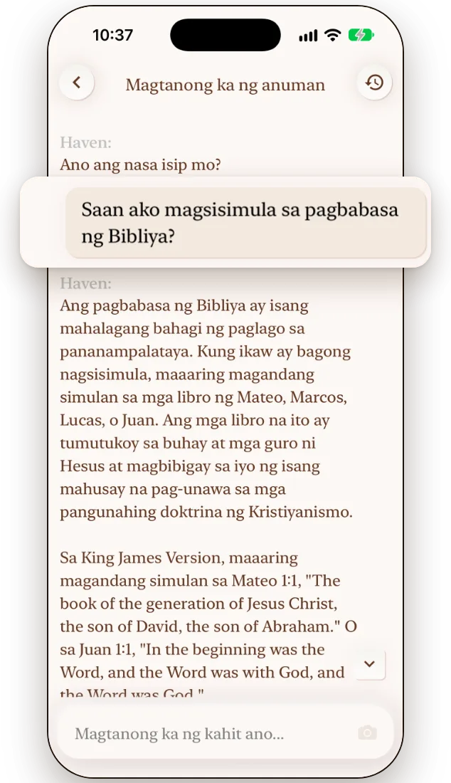 Ang AI Bible chat ng Haven na sumasagot sa tanong gamit ang binanggit na talata